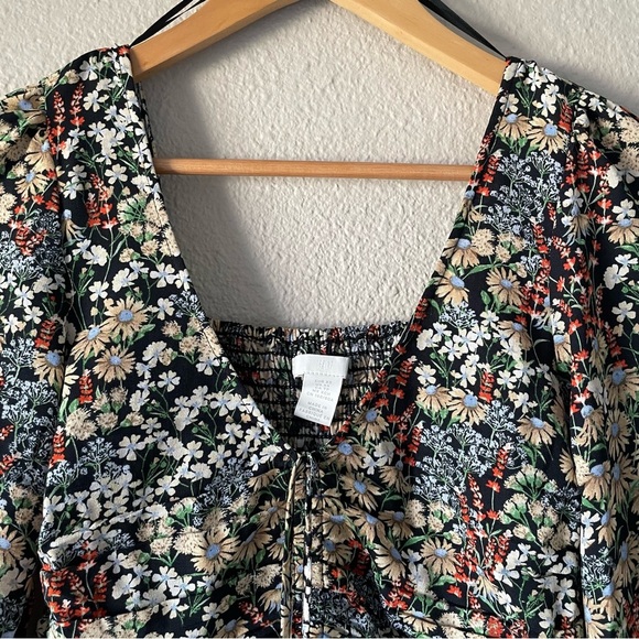 H&M Floral Babydoll Top Women’s XS Puff Long Sleeve Ruched Smocked Coastal Boho - Picture 4 of 16